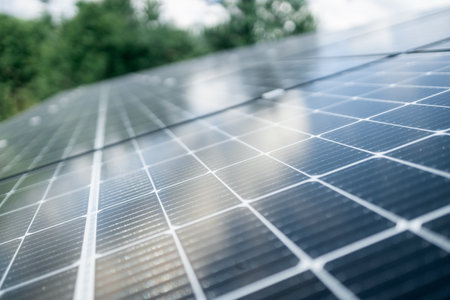 Close-up of Solar cell farm power plant eco technology.landscape of Solar cell panels in a photovoltaic power plant.concept of sustainable resources and renewable energy.の写真素材