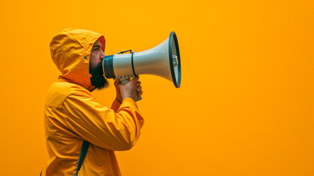 Screaming in megaphone. Exultant Caucasian man in yellow rain coast posing isolated on yellow wall background studio portrait. Generative AI.の素材