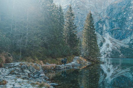 Tatra National Park in Poland. Famous mountains lake Morskie oko or sea eye lake In High Tatras. Five lakes valley. High quality photoの写真素材