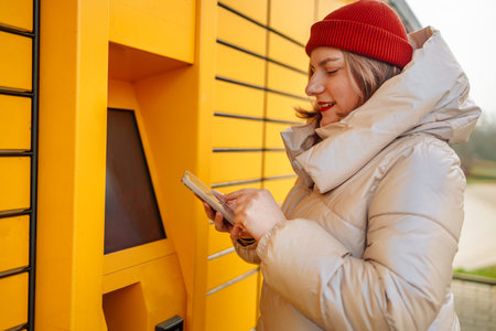 Woman receiving parcel from automatic post box using smartphone outdoors. Modern delivery technologies concept. High quality photoの写真素材