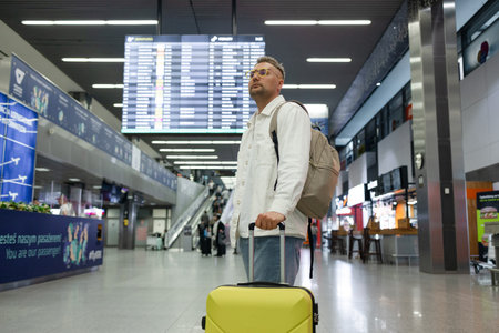 Young Caucasian male passenger in stylish casual clothes using smartphone and laptop keyboard, sit has training online meeting on laptop computer in airline lounge wait transit international airport.の写真素材