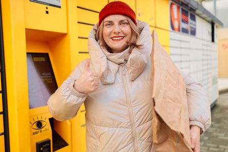 Woman receiving parcel from automatic post box using smartphone outdoors. Modern delivery technologies concept. High quality photoの写真素材