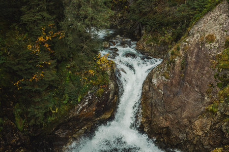 Wild river waterfall in mountain forest. High quality photoの写真素材