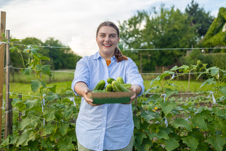 Young woman, farmer, worker holding in hands homegrown harvest of fresh orange cucumber. Private garden, orchard, natural economy, hobby and leisure concept. High quality photoの写真素材