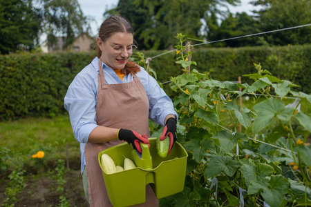 Happy woman farm worker gathering crop of organic cucumbers in garden farm. Harvest cucumbers in a basket.の写真素材