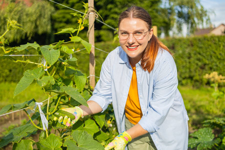 Happy farmer woman smiles tears cucumbers in a greenhouse into a basket. Harvesting. Summer and autumn on the farm. Close-up. High quality photoの写真素材