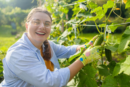 Happy woman farm worker gathering crop of organic cucumbers in garden farm. Harvest cucumbers in a basket.の写真素材