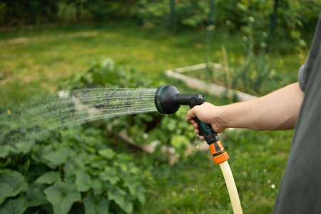 Watering the garden. Mans hand holding a water hose with a sprayer and watering the plants. High quality photoの写真素材