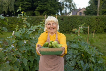 50s 60s woman, farmer, worker holding in hands homegrown harvest of fresh orange cucumber. Private garden, orchard, natural economy, hobby and leisure concept. High quality photoの写真素材