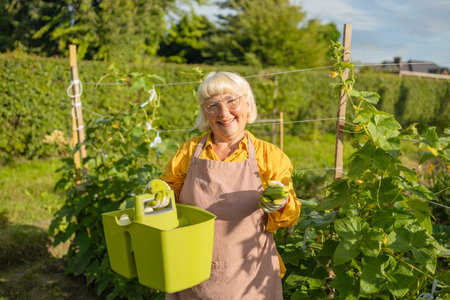 50s 60s woman, farmer, worker holding in hands homegrown harvest of fresh orange cucumber. Private garden, orchard, natural economy, hobby and leisure concept. High quality photoの写真素材