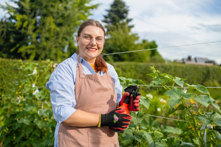 Happy woman farm worker gathering crop of organic cucumbers in garden farm. Harvest cucumbers in a basket.の写真素材