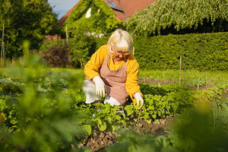 Positive senior woman is working in the garden with garden tools. A smiling elderly woman gardener is caring for f plants in a mixed border. Hobby in retirement. High quality photoの写真素材