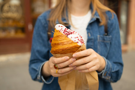 Smiling European girl woman tourist enjoying breakfast croissant near city cafe. Caucasian lady female smelling relaxing outdoors. High qualityの写真素材