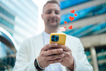 Online digital communication connection information with mobile phone. Man hands using smartphone with social media icons.の写真素材