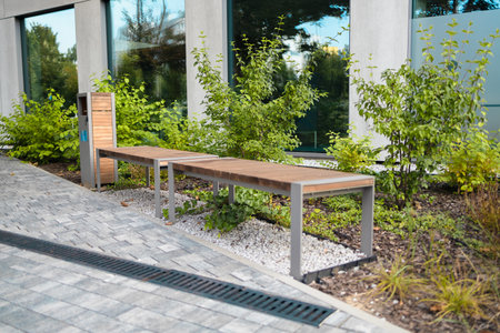 Perspective view of paved path with green lawn, decorative grass and modern wooden benches in front of gabion tree tubs made of wire and filled with stones in recreation area near modern office build. High quality photoの写真素材