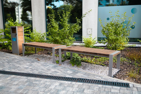 Perspective view of paved path with green lawn, decorative grass and modern wooden benches in front of gabion tree tubs made of wire and filled with stones in recreation area near modern office build. High quality photoの写真素材