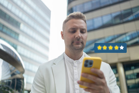 Customer satisfaction experience concept. Businessman using mobile phone giving 4 star icon and excellent for feedback review satisfaction service. rating very impressed. High quality photoの写真素材