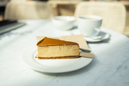 Classic New York cheesecake on a white concrete background, side view. Tasty cheesecake with caramel and nuts served on white table. High quality FullHD footageの写真素材
