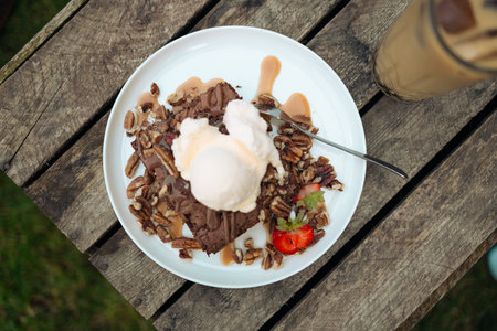 Basic homemade brownie or chocolate cake. Scoop of ice cream on a fresh stack of fresh brownies. Cold brew latte with milk and ice. High quality photoの写真素材