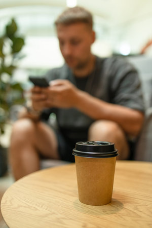 Young man with phone and power bank. Takeaway paper coffee cup with aroma latte coffee on a wood table at city cafe. Male with social media addiction on smartphone scrolling internet,の写真素材