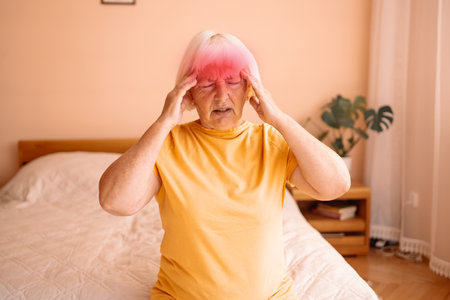 Stressed frustrated middle aged lady suffering from headache massaging temples, close up view. Tired sick mature old woman feeling unwell, touching head. Migraine pain, fatigue, stress concept. High quality photoの写真素材