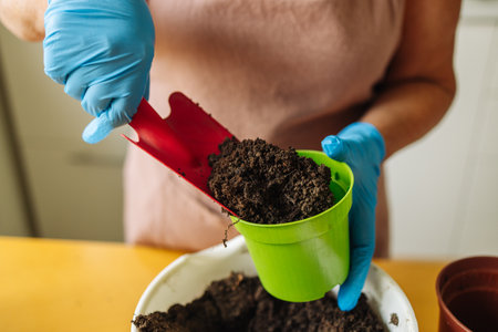 Female gardener hand holds a scoop of compost soil and pours it into a pot. Garden room gardening, Plant room, Floral decor. Planting and sowing seeds.の写真素材