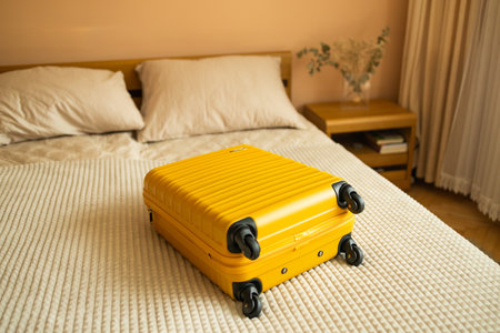 Yellow suitcase on bed indoors entering hotel room for travel, adventure and holiday before leaving for vacation. High quality photoの写真素材