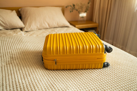 Yellow suitcase on bed indoors entering hotel room for travel, adventure and holiday before leaving for vacation. High quality photoの写真素材