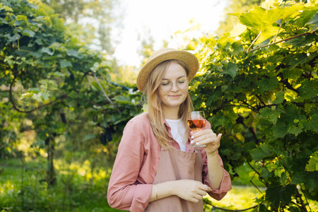 Professional woman sommelier testing red wine in wine glass with tasting and smelling outdoors during sunset in a vineyard. High quality photoの写真素材