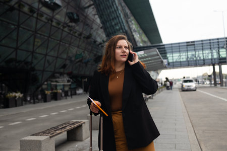 Traveler business woman with suitcase calling mobile phone waiting yellow taxi on road in city street. Beautiful female smiling using smartphone application hailing with hand up calling cab outdoor after late work. High quality photoの写真素材