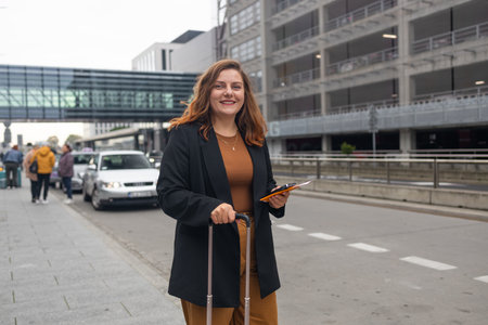 Business smiling 30s lady tourist woman with smart phone in casual clothing taking taxi from an airport. Luggage on the city street. Travel concept.の写真素材
