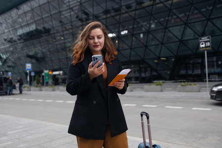 Smiling 30s lady tourist woman with smart phone, passport document in casual clothing taking taxi from an airport. Luggage on the city street. Travel concept.の写真素材