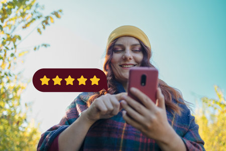 Customer Experience Concept. Excellent. Customer Experience Concept. Excellent. Happy woman pressing face emoticon on virtual touch screen at smartphone outdoorsの写真素材