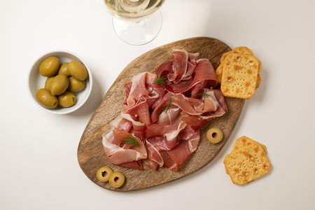 Tasty bruschetta served with wine on gray background. High quality photoの写真素材