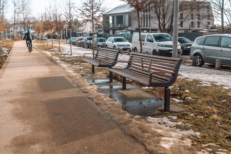 Winter city park with snow covered ground, paths, trees and benches. Snow covered city park after a...