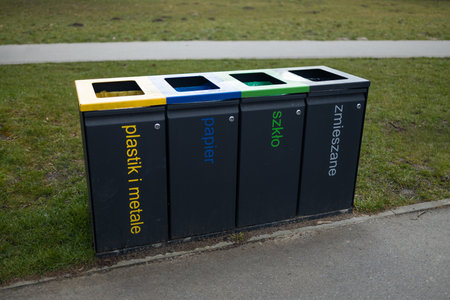 Four separate trash bins for recycling in the park, each labeled for plastic, paper, metal, and general waste. The color-coded bins support environmental efforts for waste sorting and recycling.の写真素材