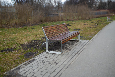 A peaceful park scene featuring a wooden bench along a walking path. The bench provides a place to relax while enjoying the view of the surrounding trees and greenery in a public parkの写真素材