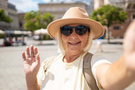 Senior woman smiles while taking a selfie in the city square, waving her hand. She is wearing a beige hat and sunglasses, enjoying a sunny day out while sightseeing.の写真素材