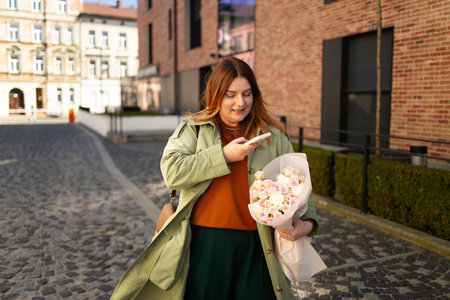 A woman in a green coat and orange sweater holds a bouquet of flowers while looking at her phone, walking down a cobblestone street in a modern urban area. The sun is shining on a beautiful day outdoors.の写真素材