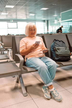 A woman with a phone at an airport. Travel and a person reading on a mobile for a work trip or vacation. High quality photoの写真素材
