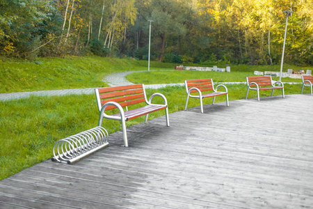 Tranquil Park Scene at Sunrise with Lush Greenery and Peaceful Pathway. High quality photoの写真素材