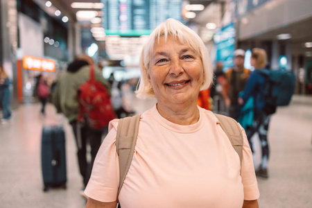 Happy elderly woman in a pink t-shirt with a backpack, smiling at the airport terminal. She ready for her next travel adventure. Ideal for travel, senior lifestyle, and vacation content.の写真素材