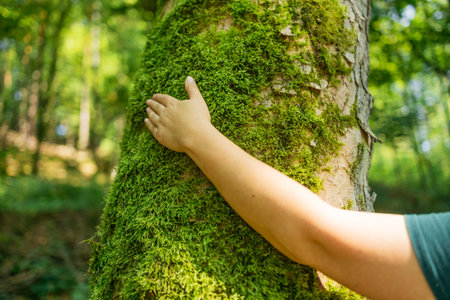 Close-up of a womans hand gently touching a moss-covered tree in a forest. The image represents a deep connection with nature, mindfulness, eco-consciousness, and love for the environment.の写真素材