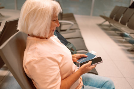 Happy blonde hair Elderly female tourist with a backpack with a passport while waiting for the passport check of the tourist at the airport. High quality photoの写真素材