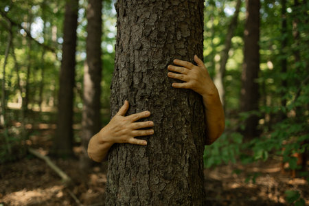 A person embraces a tree trunk with fingers spread wide in a peaceful forest. The gesture reflects deep care, environmental consciousness, and a symbolic connection to the natural world and sustainability.の写真素材