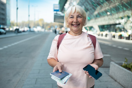 An elderly woman holding her passport and smartphone, smiling happily outside the airport terminal. She ready for her journey, prepared with the necessary documents and travel technology for smooth navigation.の写真素材
