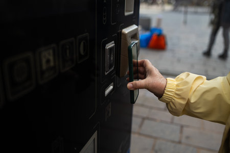 Close-up of a woman using a contactless card or phone to pay at a ticket machine in Krakow. The street scene reflects modern urban transit in Poland.の写真素材