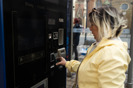 A woman in a yellow jacket uses a ticket machine in Krakow to buy a tram or bus ticket. The machine is located near a street with historical buildings in the background.の写真素材