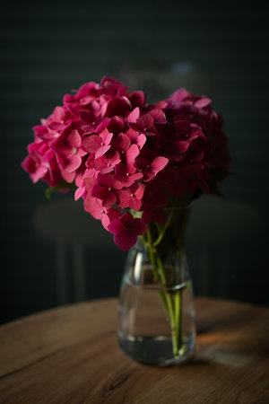 Elegant bouquet of pink hydrangea flowers in transparent glass vase placed on wooden table with dark background. Concept of still life, home decoration, and natural beauty. Minimalist floral arrangement symbolizing elegance, romance, interior design, and peaceful atmosphere in modern lifestyle and home decor.の写真素材