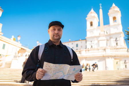 Tourist holding and reading a paper city map at the Spanish Steps, with the Trinita dei Monti church...